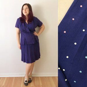 1940s Vintage Polka Dot Scallop Sleeve Dress Blue Vintage